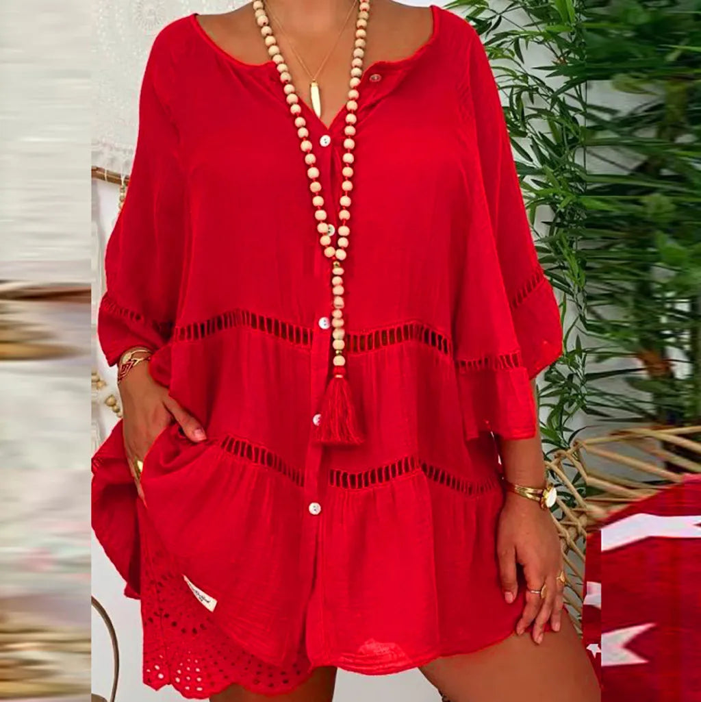 Sexy Loose Hollow Out Dress/Top Summer V Neck Cotton Linen Baggy Dress/Top Oversized S-5XL