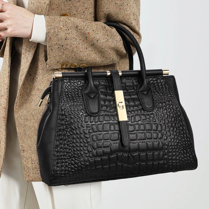 Genuine  leather women's handbag, large capacity crocodile patterned cowhide bag,