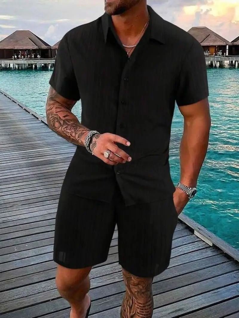 Spring and summer European Style new men's striped jacquard loose shorts and shirt set.   S-3x