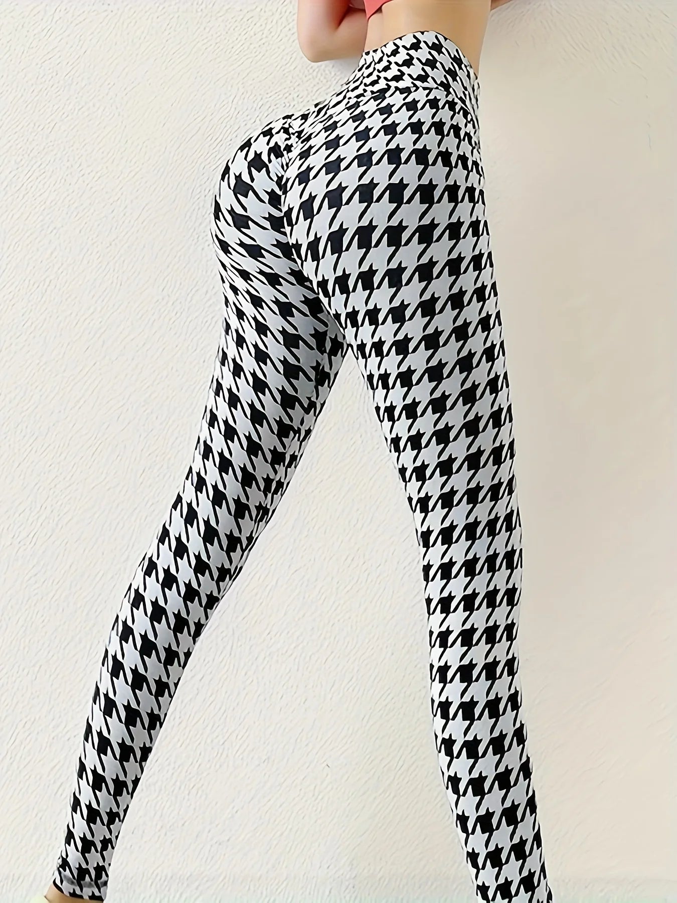 Plus Size Houndstooth Print Skinny Leggings Casual High Waist Every Day Stretchy Legging