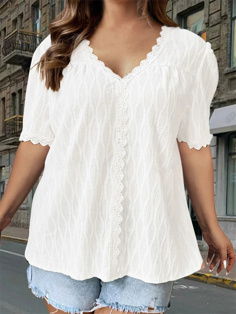 Plus size lace casual V-neck shirt