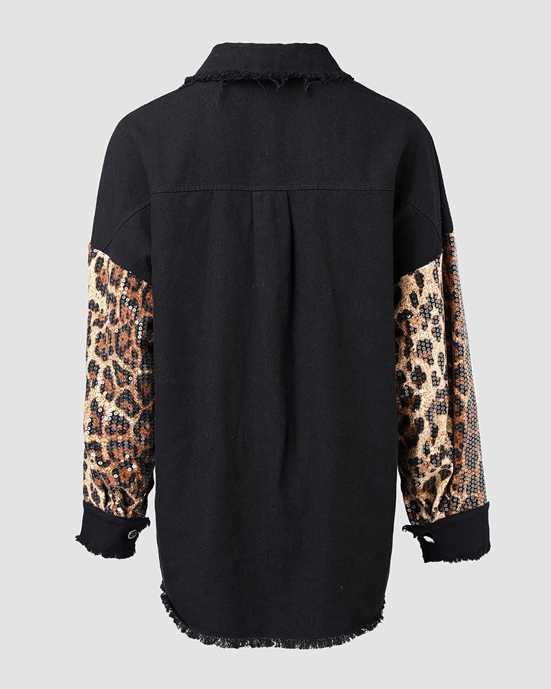 Women’s Turn-down Collar Jackets Contrast Leopard Sequin Patchwork Long Sleeve Jacket/ Top Button Front Raw Hem Shacket