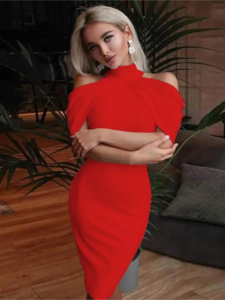 New Solid Colour Slim Midi Halter Neck Off Shoulder Elegant Party Dress.  S-3X