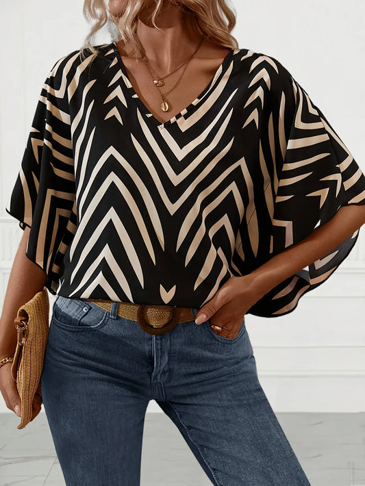 Plus Size 1XL-5XL Women's V-Neck Loose Striped Bat wing Sleeve Casual Short Sleeve.