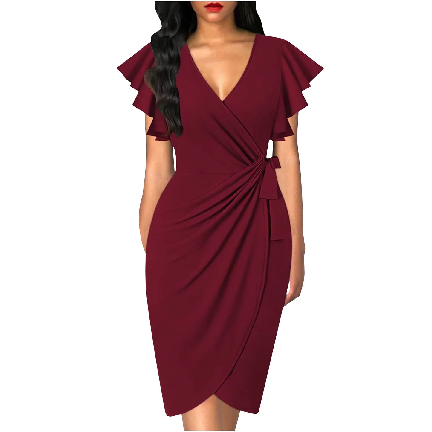 Summer Elegant V-Neck Petal Sleeve Solid Colour Pleated Dress.  S-2X