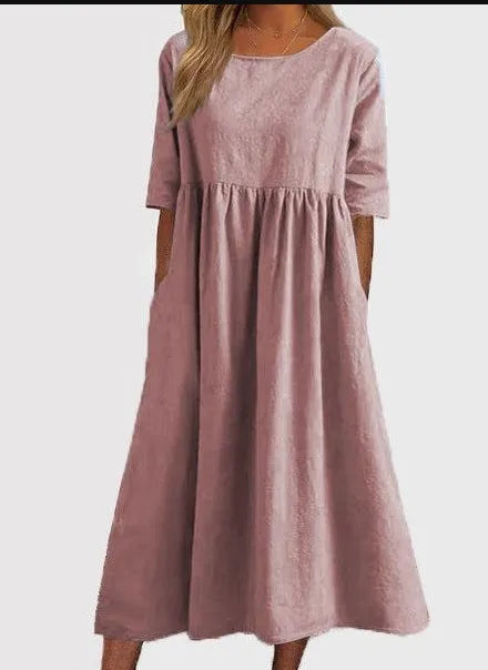 Casual Loose Long Plus Size High Waist Cotton Linen Dress.   S-5X