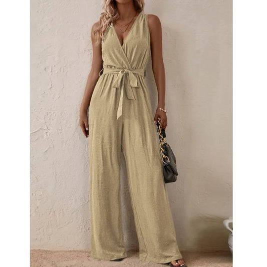 Casual Fashionable Sexy Slim Deep V-neck Sleeveless Women Wide-leg Jumpsuit Spring Summer New Solid Colour Jumpsuit.  S-XL