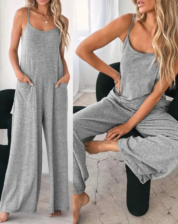 Jumpsuit For Women Fashion Grey Pocket Design Spaghetti Strap Casual Daily Loose Wide Leg Jumpsuit.  S-XL
