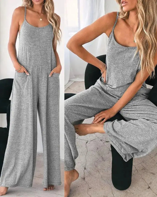 Jumpsuit For Women Fashion Grey Pocket Design Spaghetti Strap Casual Daily Loose Wide Leg Jumpsuit.  S-XL