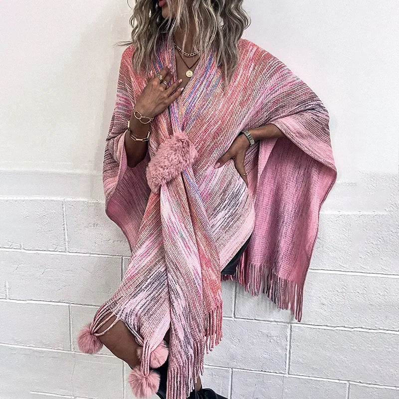 Shawl Women Full Sleeve Tassel Elegant Splice Open Stitch Poncho. (One Size)