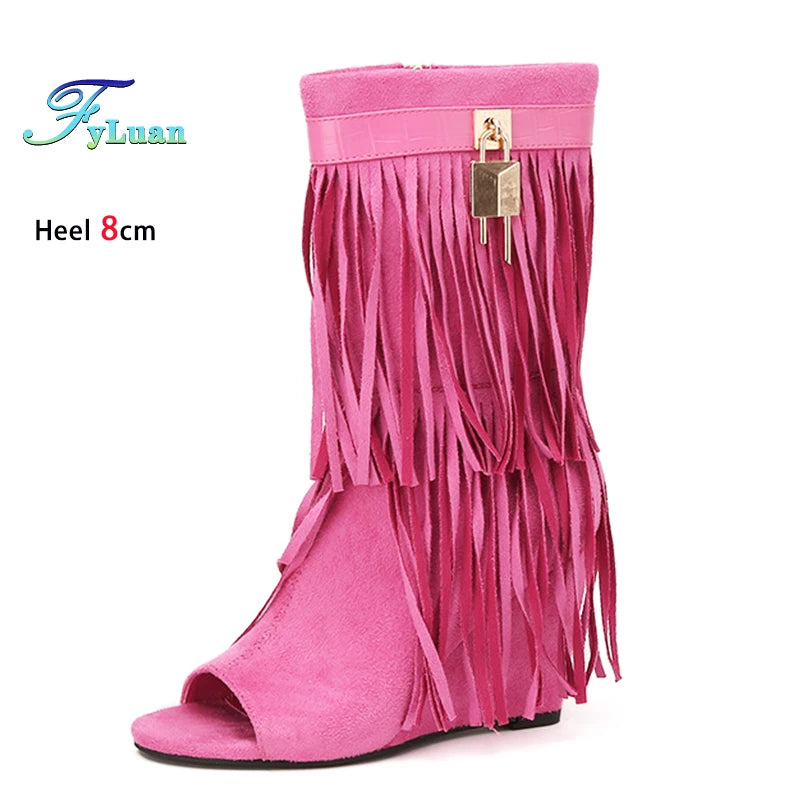 Retro Style Suede Short Boots Woman Peep Toe Tassel Shoe/ Boots 8CM Wedge