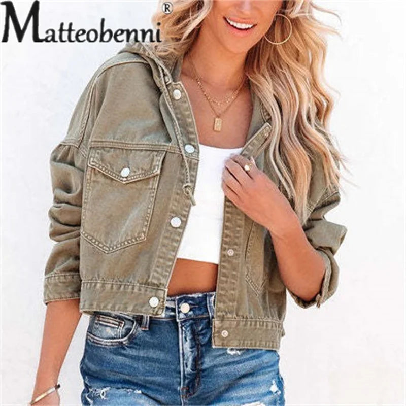 Hooded Denim Women Loose Long Sleeve Single-breasted Denim Short Jacket.  S-XL