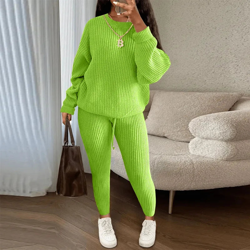 Two Piece Women Autumn Fashion Casual Solid Round Neck Pullover Loose Pit Knitted Sweater Pants Suit.  S-3XL