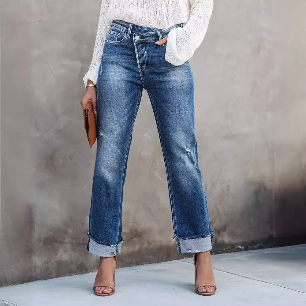 Women Straight Ripped Ankle Length Denim Jeans High Waist Pocket Button Pants.  S-XL