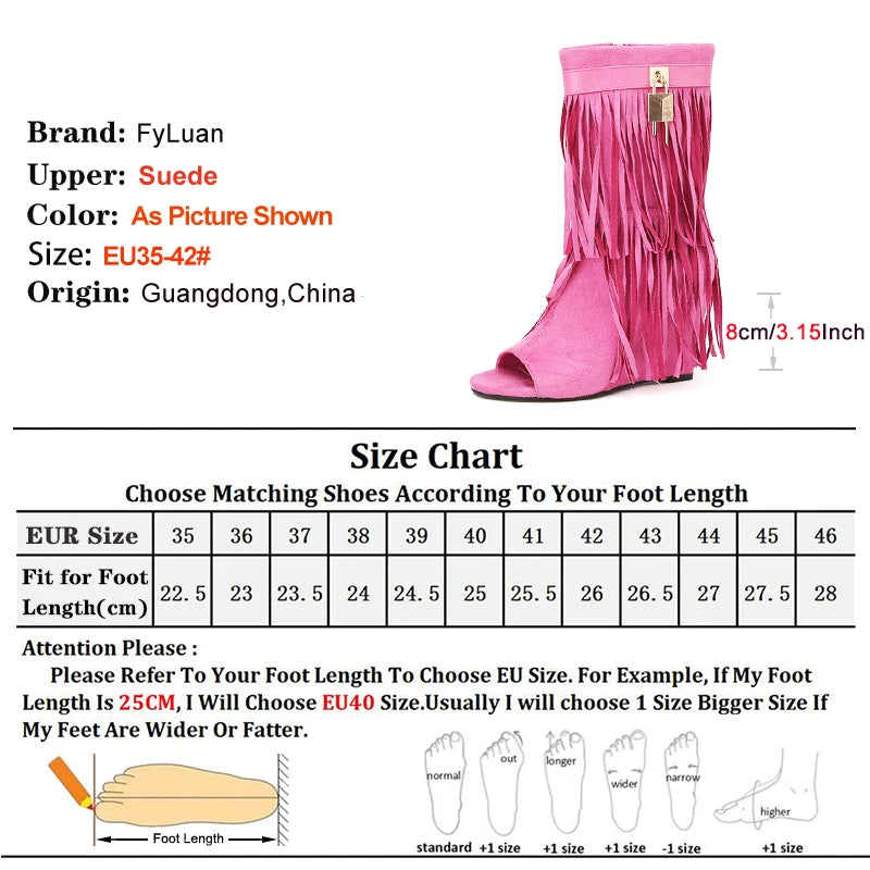 Retro Style Suede Short Boots Woman Peep Toe Tassel Shoe/ Boots 8CM Wedge