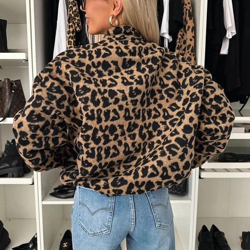 Women Casual Long Sleeve Pocket Elegant Stand Neck Single-breasted Fashion Leopard Printed Loose Short Jacket.  S-2X