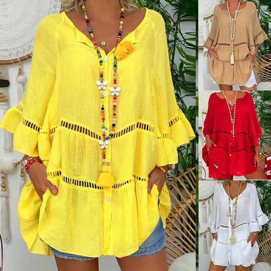 Sexy Loose Hollow Out Dress/Top Summer V Neck Cotton Linen Baggy Dress/Top Oversized S-5XL