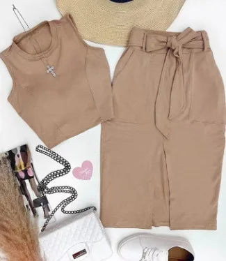 Skirt Set Women Two Piece Bodycon Round Neck Sleeveless Crop Top Mid Length Lace Up High Waist Skirt.  S-3XL