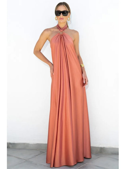 Loose Halter Neck Backless Sexy Satin Evening Dress New Fashion Elegant Dress. S-XL