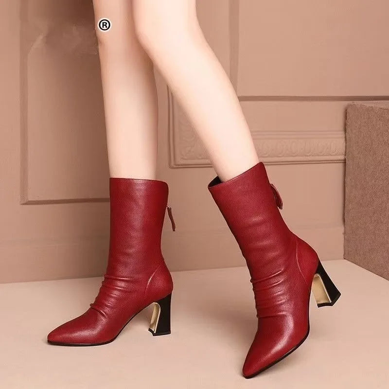 2025 Women Soft Leather Boots,Fashion Heels Pointed Toe