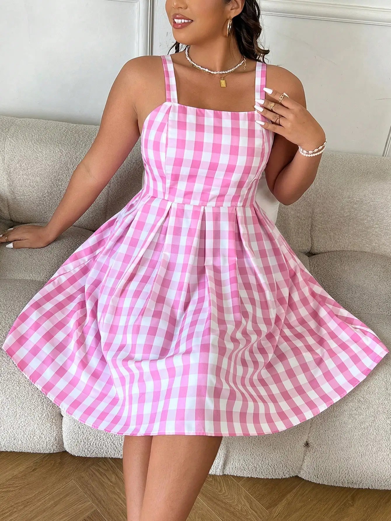 Plus Size Women's 2025 Summer New Plaid Dress Square Neck Dress Best for Summer.