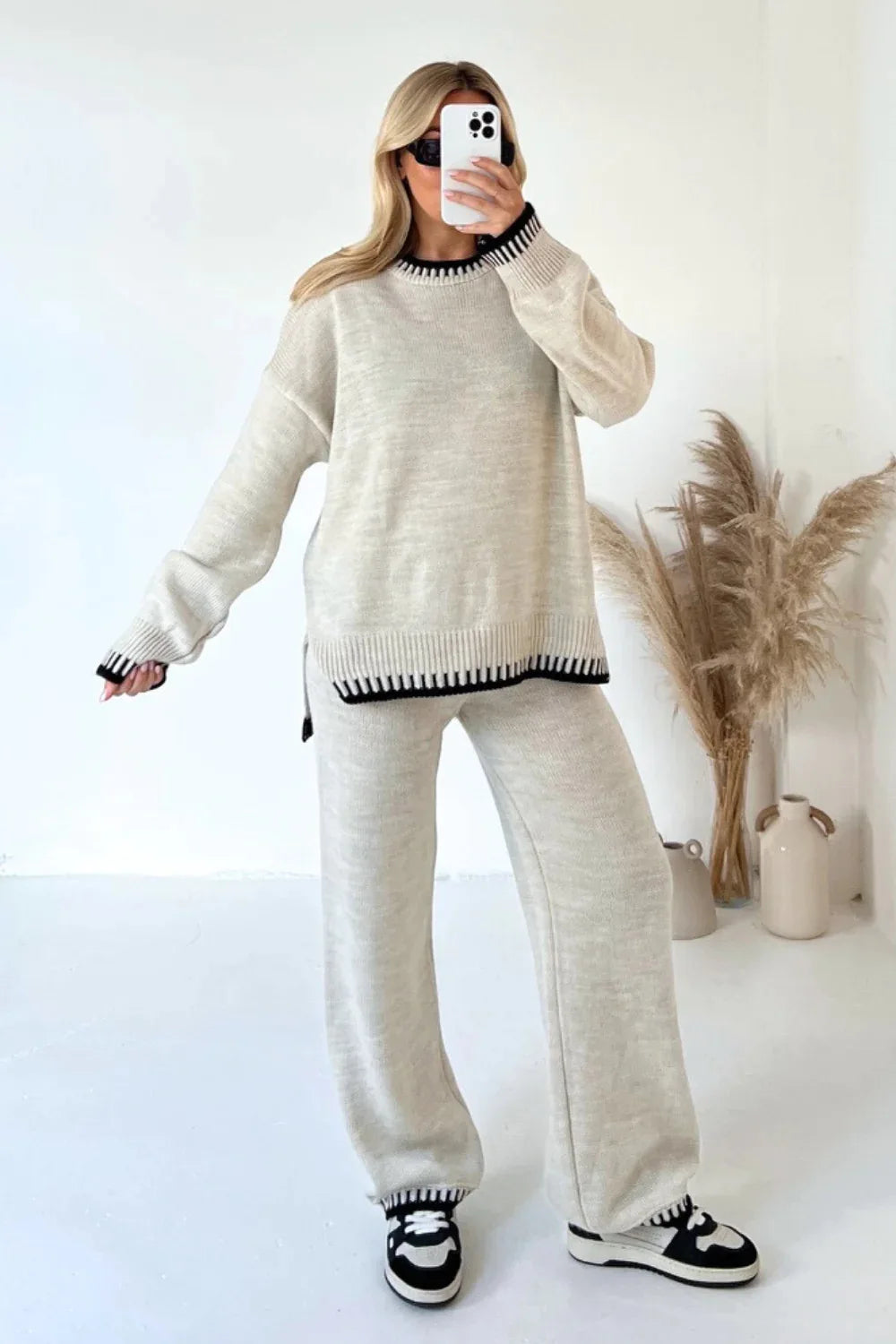 Ladies Knitted 2 Piece Set Casual Loose O Neck Pullover Top Wide Leg Pants.