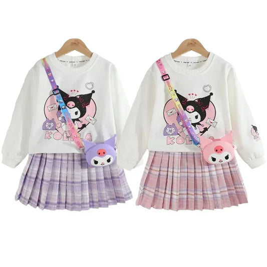 Kids Clothes Set Spring Autumn Children Kuromi Long Sleeved Sweater Tops+Checkered Pleated Skirt 2pce Teen Girls Preppy Clothing