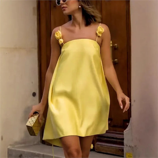 Floral Camisole Dress Sexy Fashion Yellow Backless 2025 Spring Summer Cocktail Gown.  S-XL