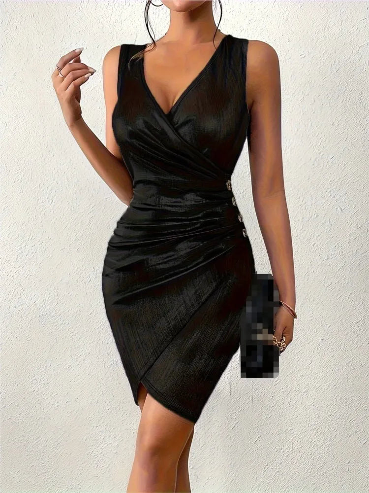 Summer Women's New Sexy Hip Hugging Fashion V-neck Casual Color Blocked Button Solid Colour Pleated Tight Dress.  Vestidos  S-2X