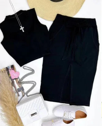 Skirt Set Women Two Piece Bodycon Round Neck Sleeveless Crop Top Mid Length Lace Up High Waist Skirt.  S-3XL