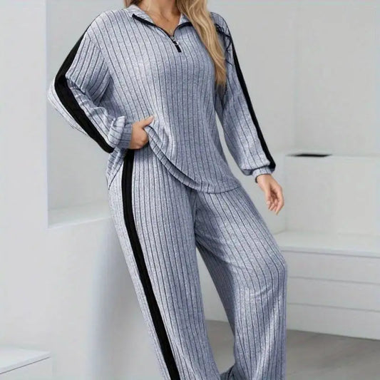 Women's 2-Piece Casual Suit Set - Zipper Collar Top & Wide-Leg Pants