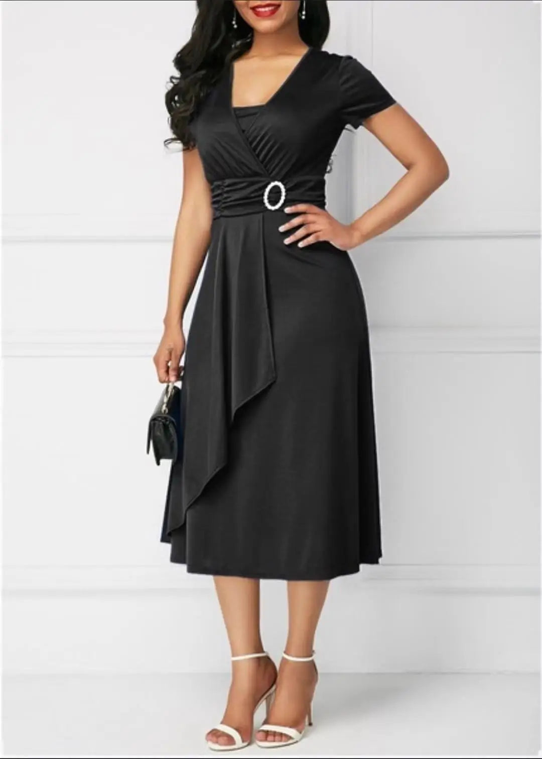 Elegant Women Solid Colour Short Sleeve V Neck Midi Party Dress.  S-5X