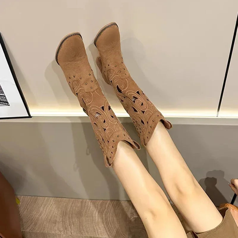 Embroidered Vintage Western Boots, Chunky Heels Pu Leather .