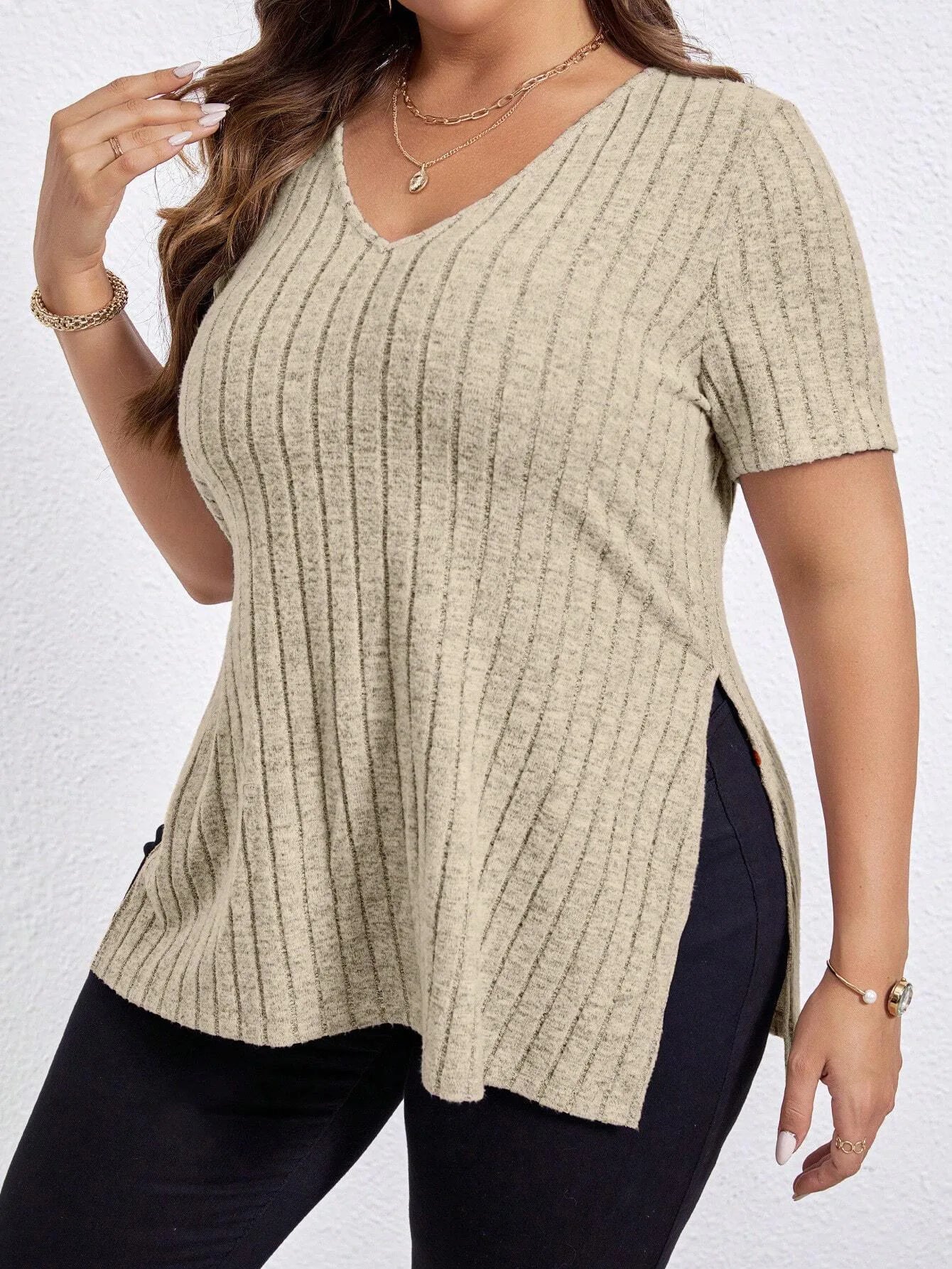 Women'S Plus Size Summer Solid Colour V-Neck Striped Short Sleeve Split Loose Shirt