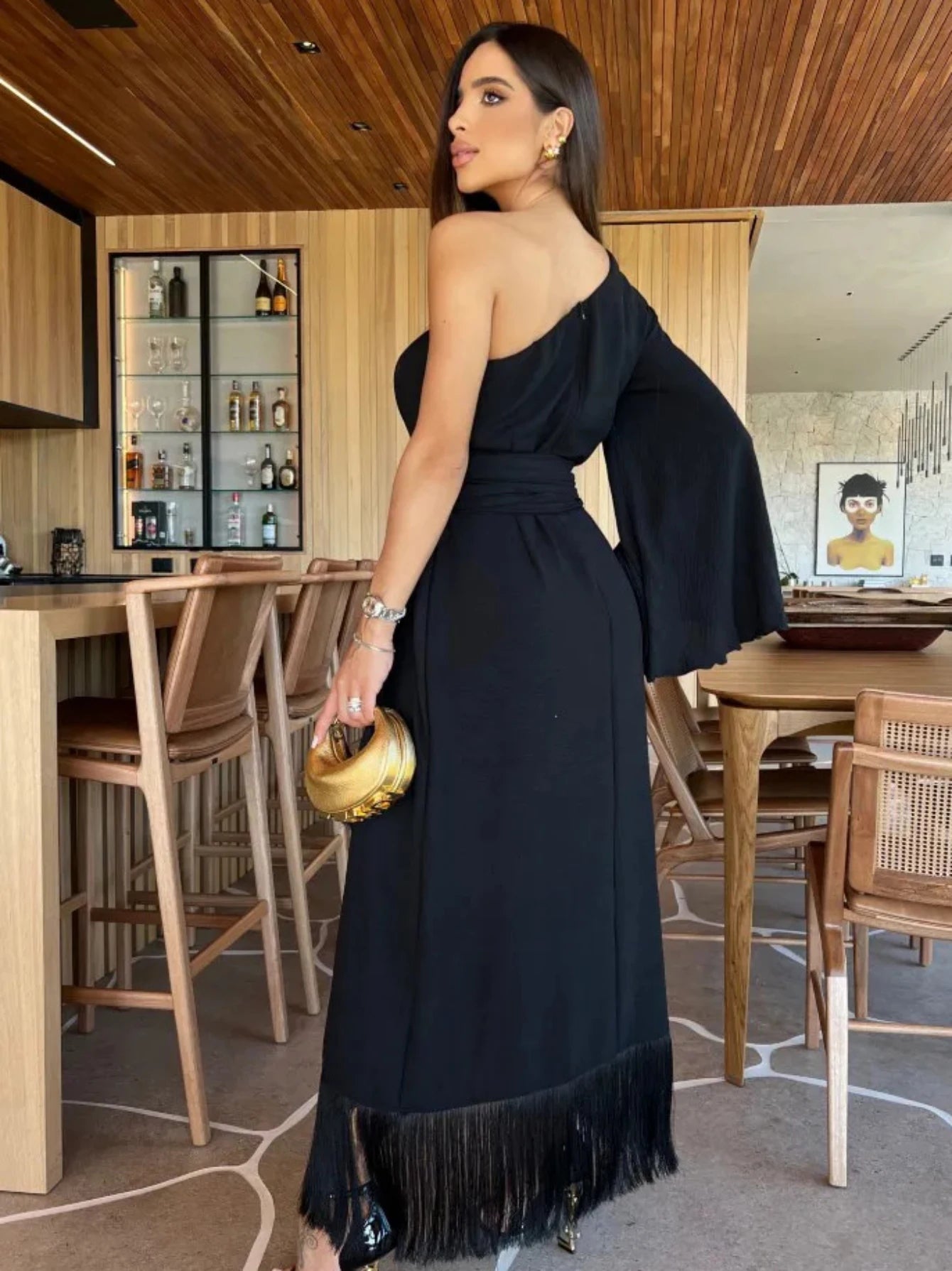 New Solid  Women's One-Shoulder Sexy Lady Long Slit Ruffled Tassel Swing Evening Dress.  S-XL