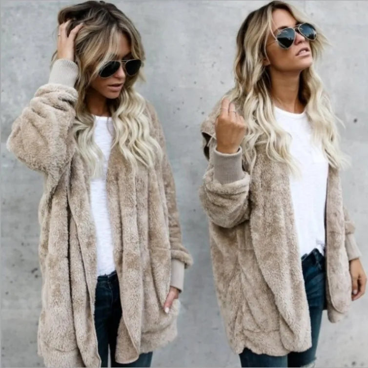 Double Fleece Cardigan Solid Colour Long Sleeve Plush Warm Hooded Lady Oversized Outerwear Coat.  S-5X