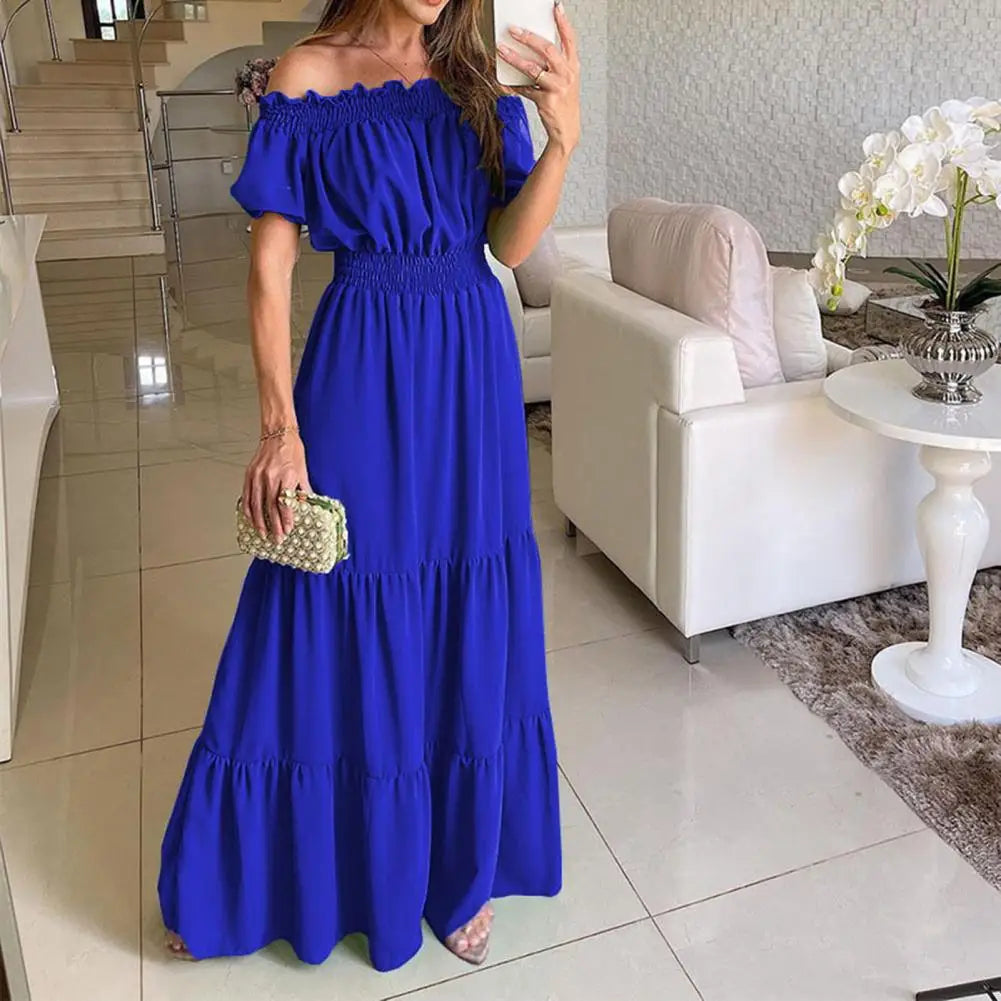 Women Dress Solid Puff Short Sleeves Elastic Waist Casual A-Line High-Waist Off Shoulder Maxi Dress.