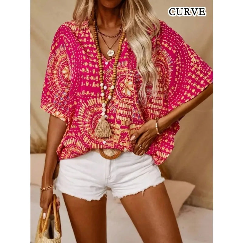 Plus Size 1XL-5XL Women's Fashion Print V-Neck Bat-wing Sleeve Blouse Casual Short Sleeve Summer Shirt.