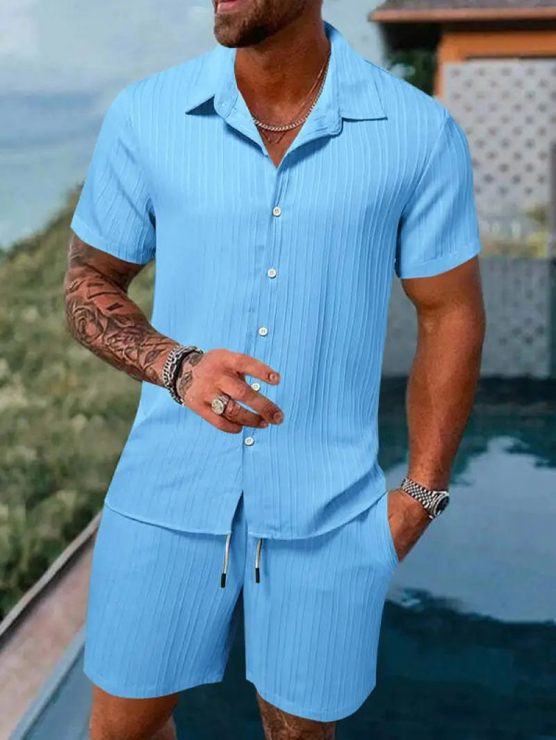 Spring and summer European Style new men's striped jacquard loose shorts and shirt set.   S-3x