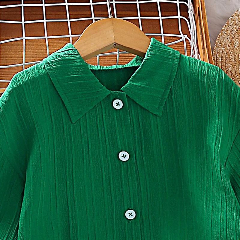 Girls Sets 8-12 Years Green Long-Sleeved Top + Green Pants For Girls Korean Style Suits Summer Casual Clothes Sets