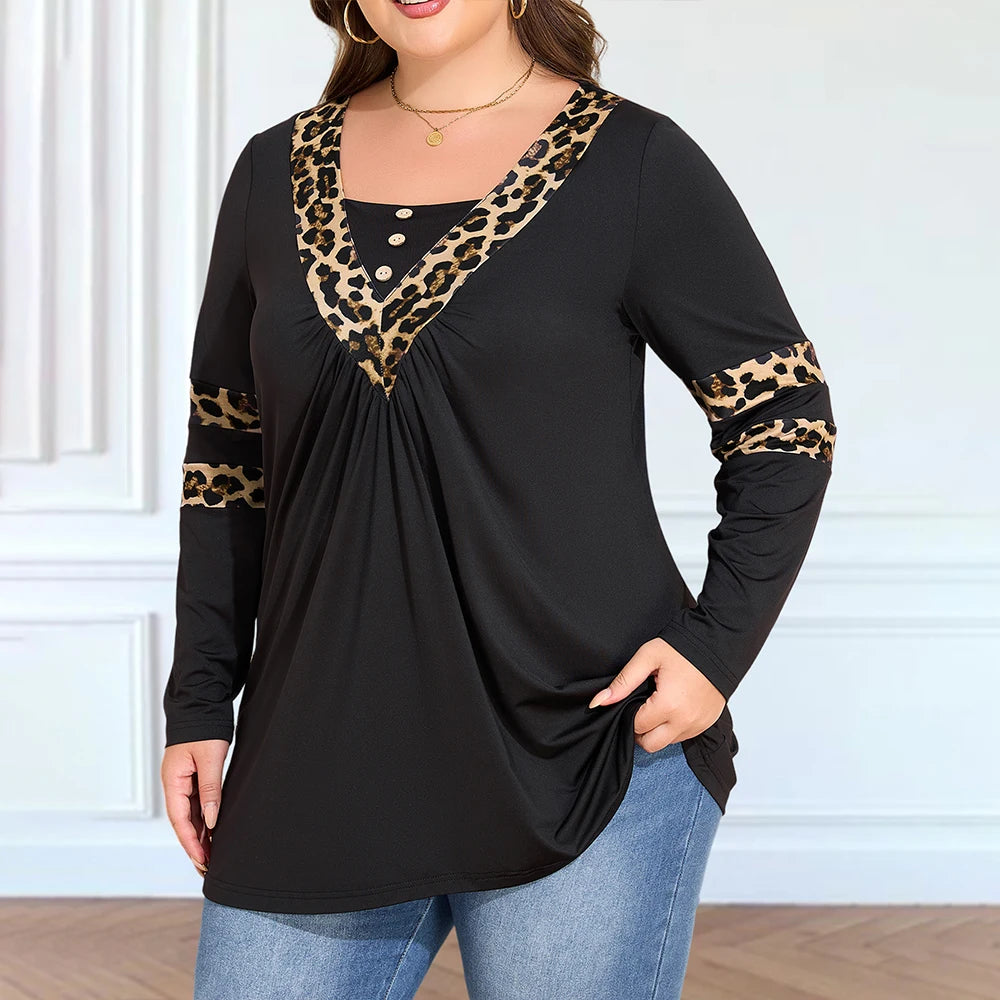 Plus Size Women's Leopard Long Sleeve Top Casual Loose And Comfortable