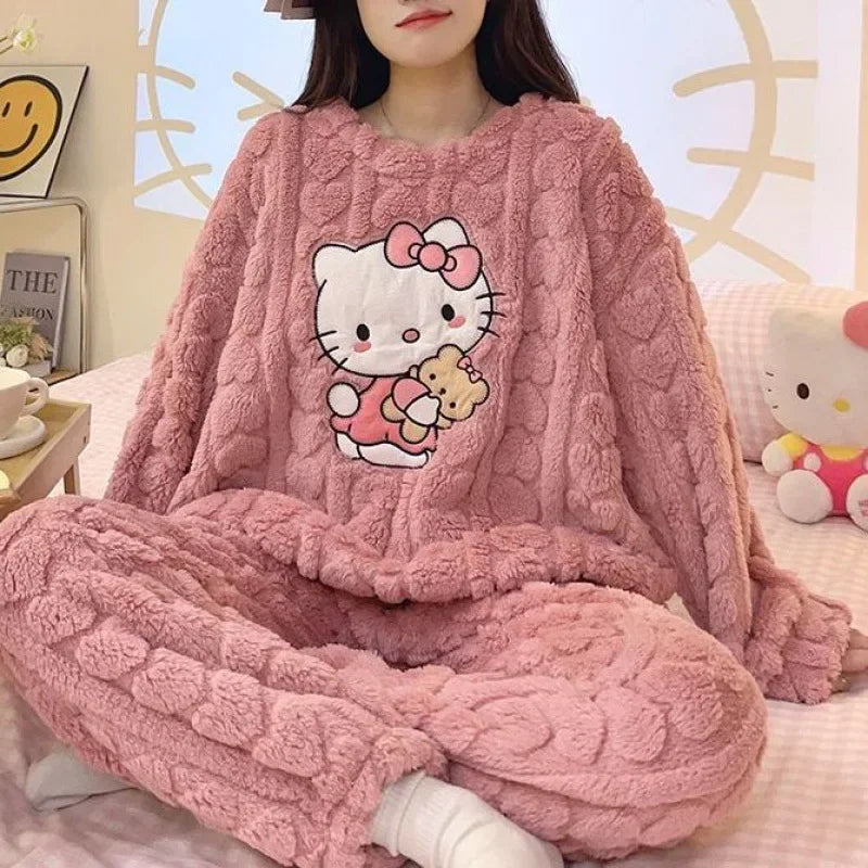 Hello Kittys Women's Coral Fleece Plush Pajamas Set Sanrioed Autumn Winter Pajamas Thickened Warm Home Clothes Loose Fitting.  S-5X
