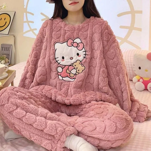 Hello Kittys Women's Coral Fleece Plush Pajamas Set Sanrioed Autumn Winter Pajamas Thickened Warm Home Clothes Loose Fitting.  S-5X