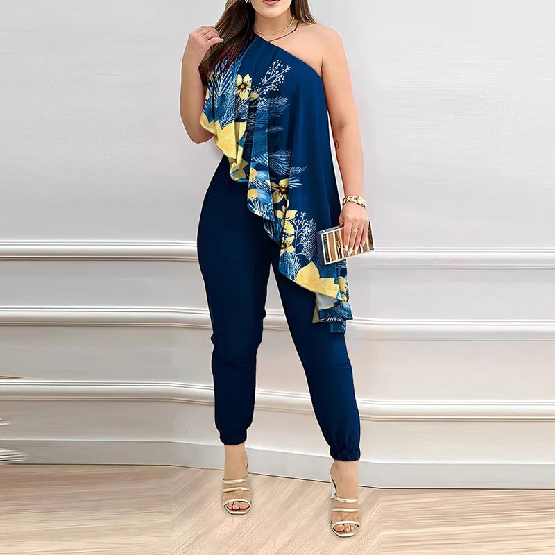 New Pencil Pants Women Summer Printed Fashion Skew Collar Sleeveless Ruffles Jumpsuit.  S-2x