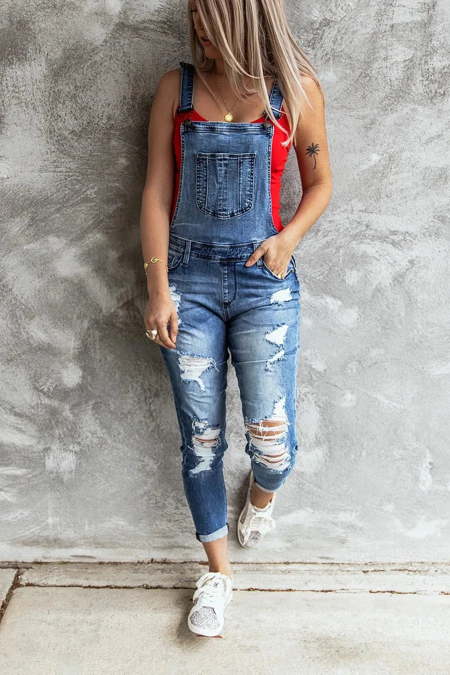 Ladies Denim Ripped Jeans Jumpsuit Stretch Denim