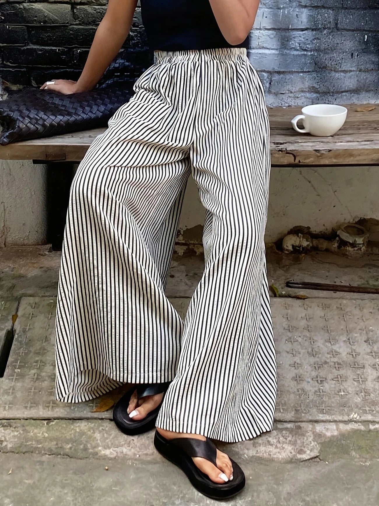 Plus size European style spring and summer striped pocket elasticated waist wide-leg trousers.  1X-5X