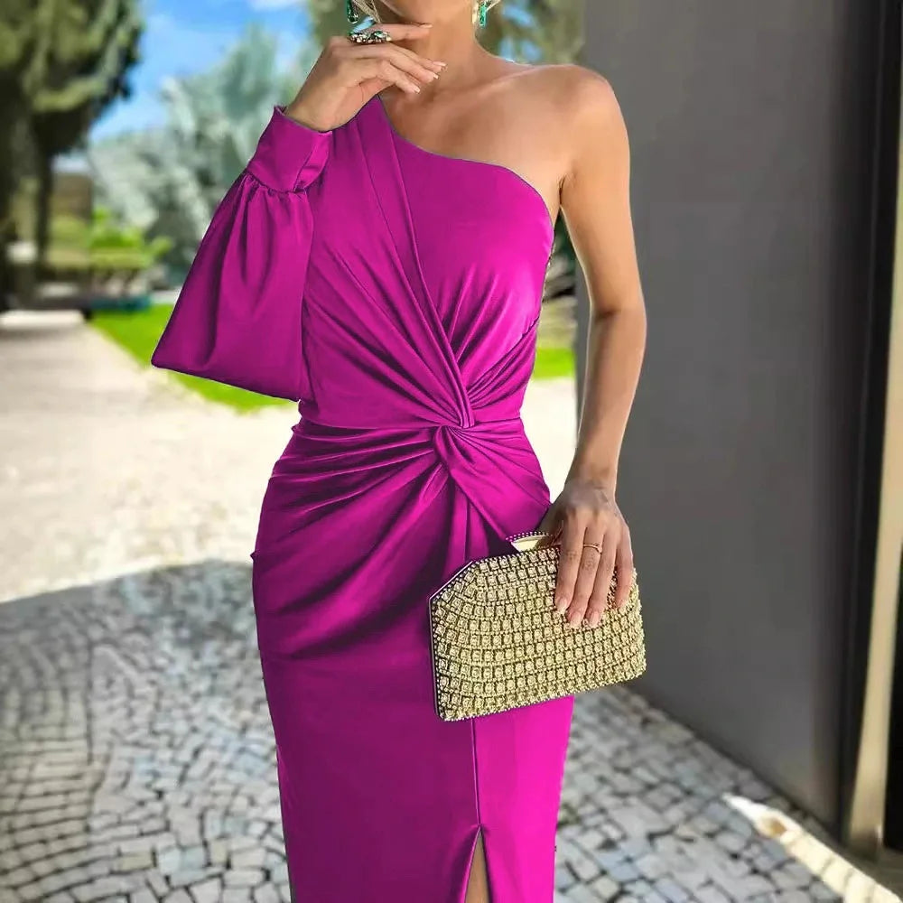 Women's Sexy Party Spring Summer New Skew Collar Fashion Maxi Dress One Shoulder Ladies Dress.  S-3X