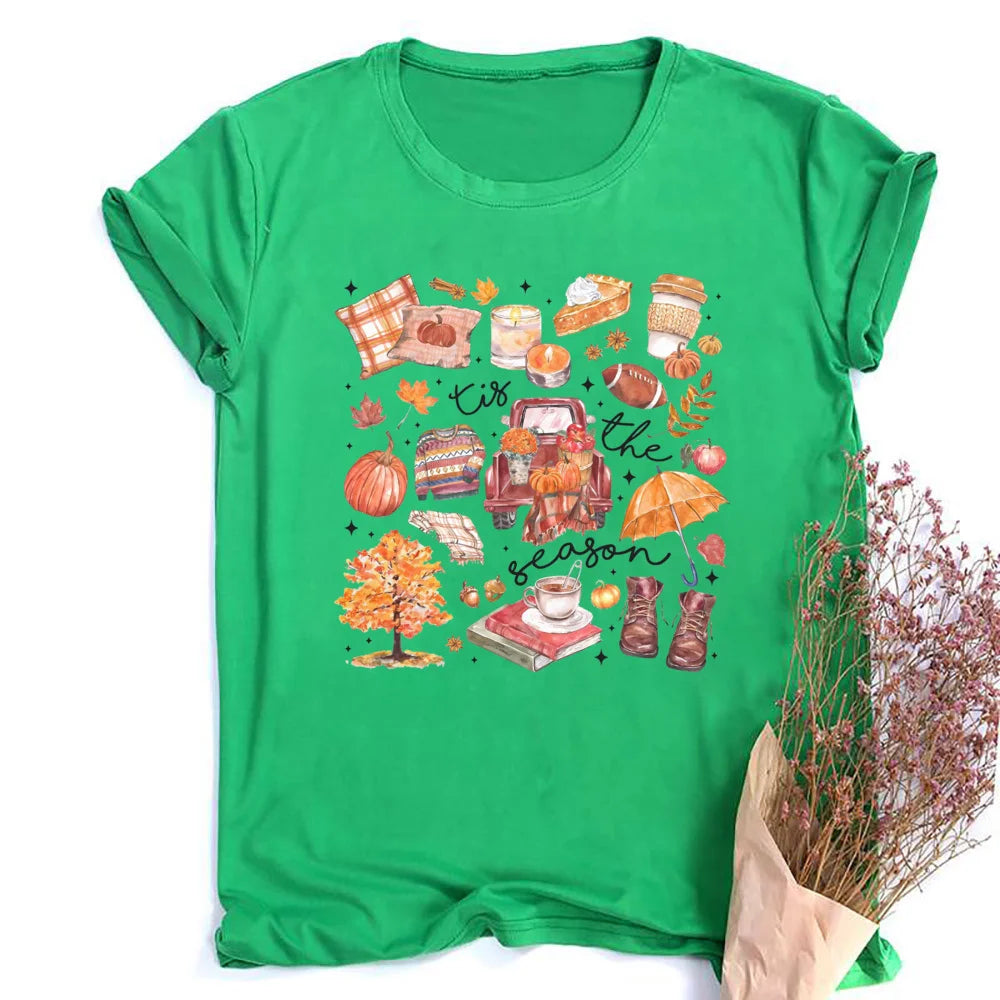 Women's Fall Shirt Pumpkin Season Short Sleeves Fashion Fall Harvest  Tshirt .  S-2X