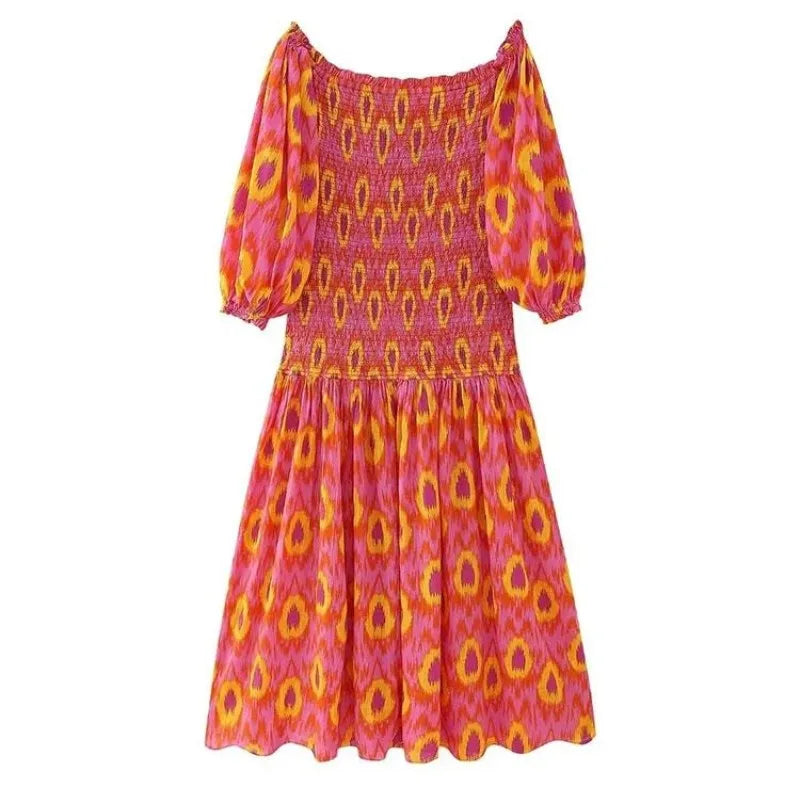 Women Summer Party Holiday Lady Print Ruffle Pleated Long Dress Fashion Off Shoulder Puff Sleeve Midi Dress.  XS-L