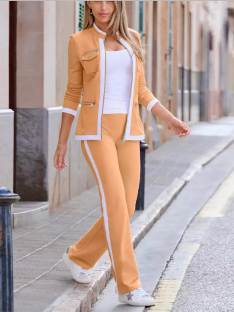 New Fashion Casual Two Piece Set Elegant Women Slim Simple Zipper Top Straight Sweatpants Suit.  S-2X